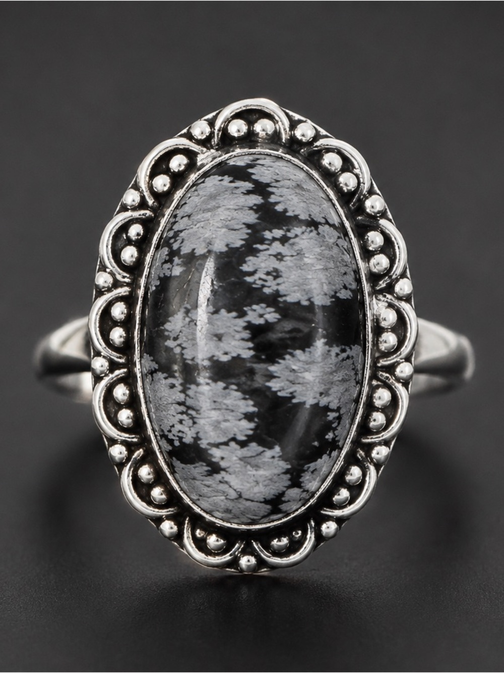 925 Sterling Silver Genuine Snowflake Obsidian Oval Ring Victorian style size 7